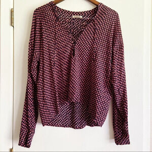 BILLABONG Top Tie Neck Long Sleeve Blouse Size Medium Diamond Pattern